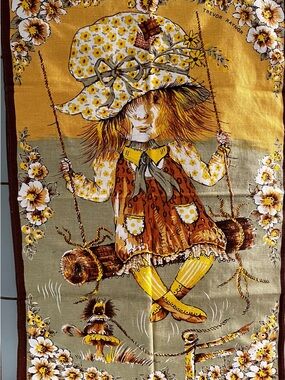 Source Unknown Illustrated Textile with Mustard, Brown and Purple Accents